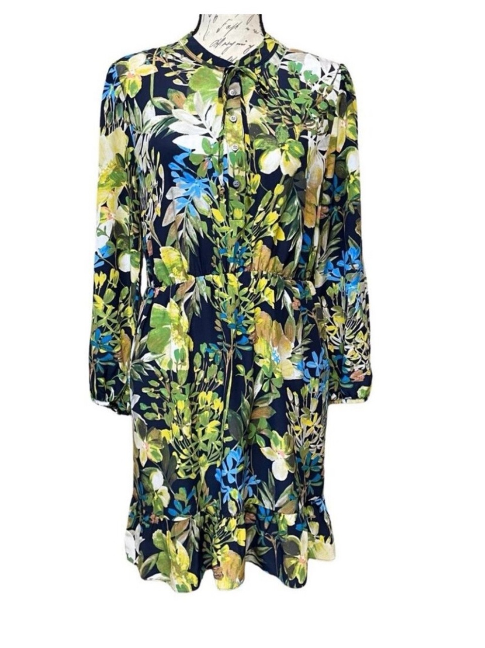 J. Crew Navy Floral Button-Front Long Sleeve Dress